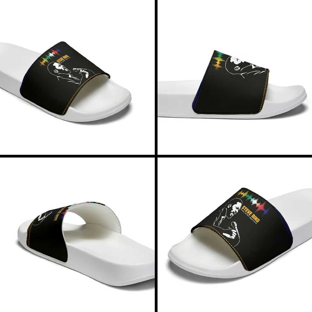 Steve Biko Slide Sandals with Microphone Portrait, Black Consciousness Quote and Vibrant Ethnic Wave - Wonder Print Shop