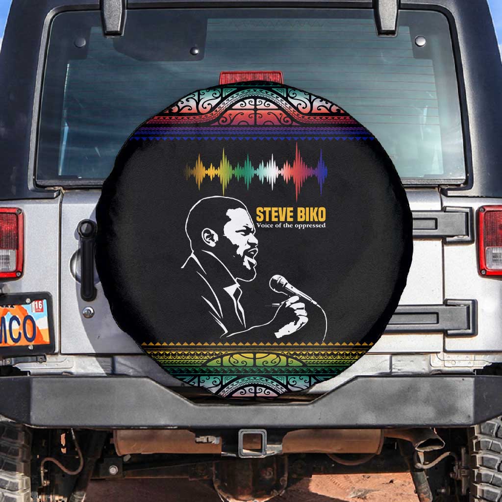 Steve Biko Spare Tire Cover with Microphone Portrait, Black Consciousness Quote and Vibrant Ethnic Wave - Wonder Print Shop