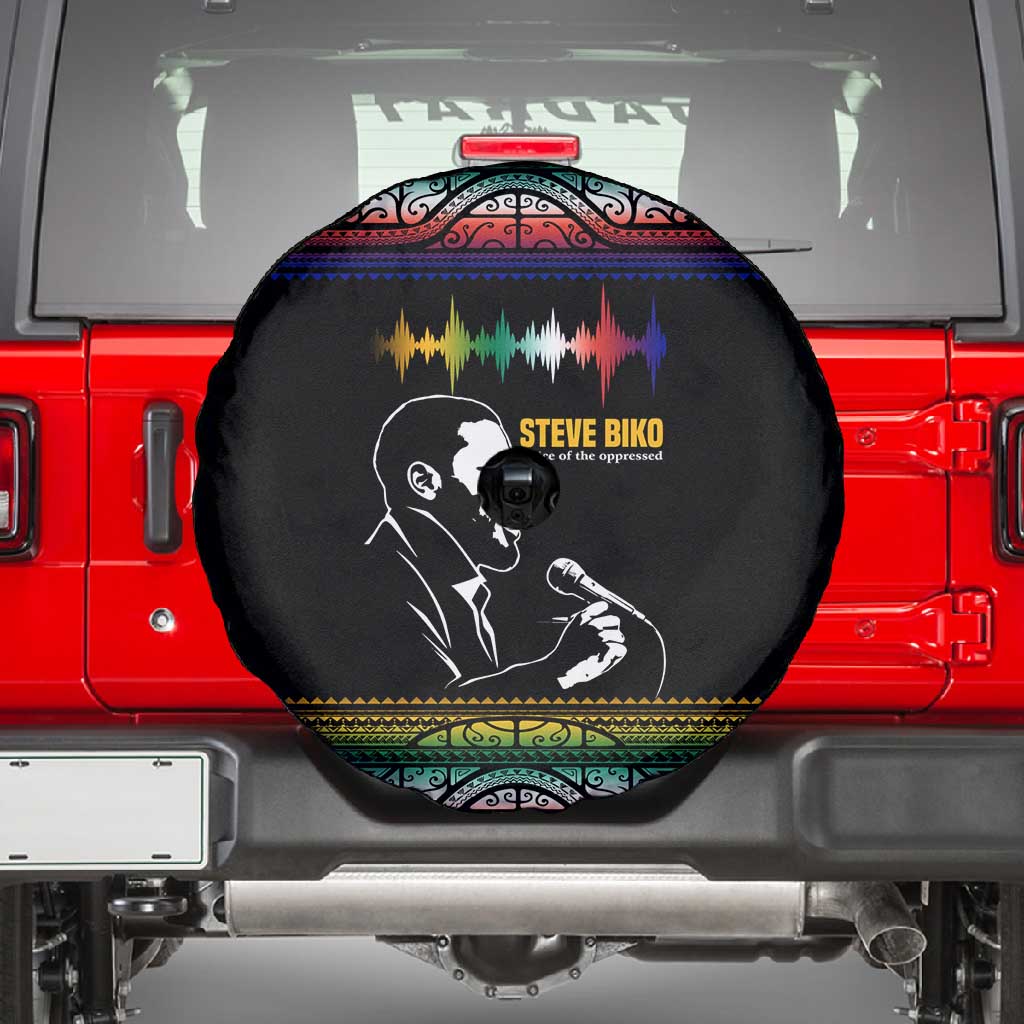 Steve Biko Spare Tire Cover with Microphone Portrait, Black Consciousness Quote and Vibrant Ethnic Wave - Wonder Print Shop