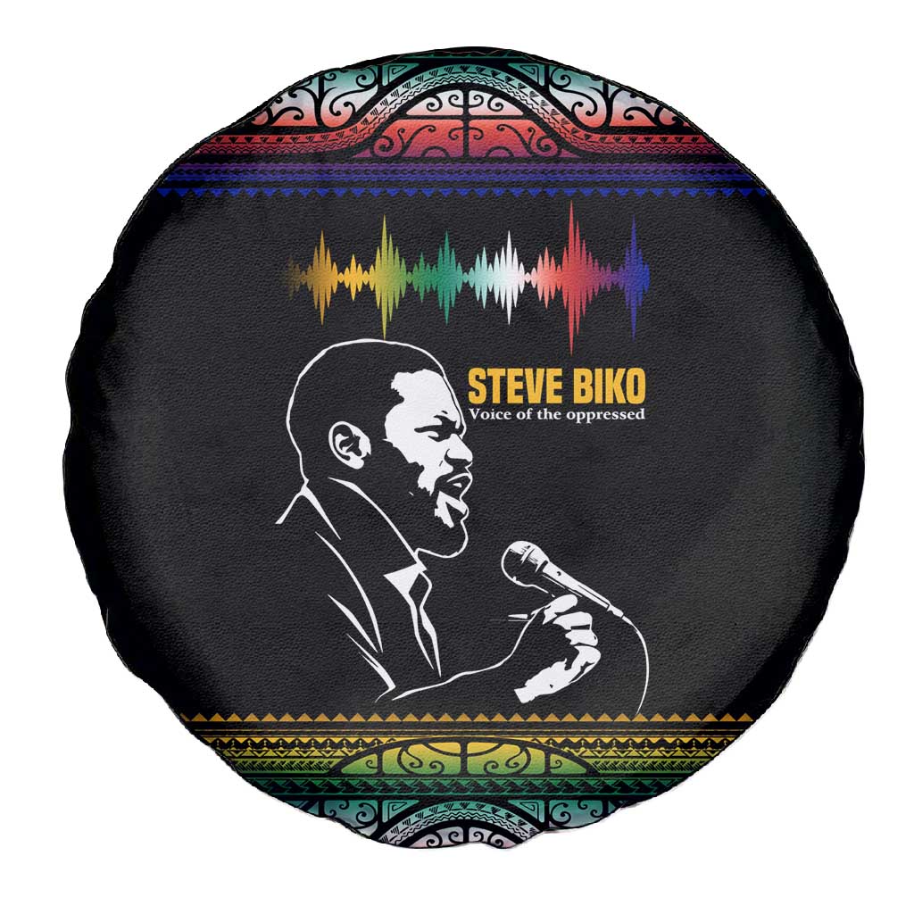 Steve Biko Spare Tire Cover with Microphone Portrait, Black Consciousness Quote and Vibrant Ethnic Wave - Wonder Print Shop