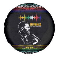 Steve Biko Spare Tire Cover with Microphone Portrait, Black Consciousness Quote and Vibrant Ethnic Wave - Wonder Print Shop