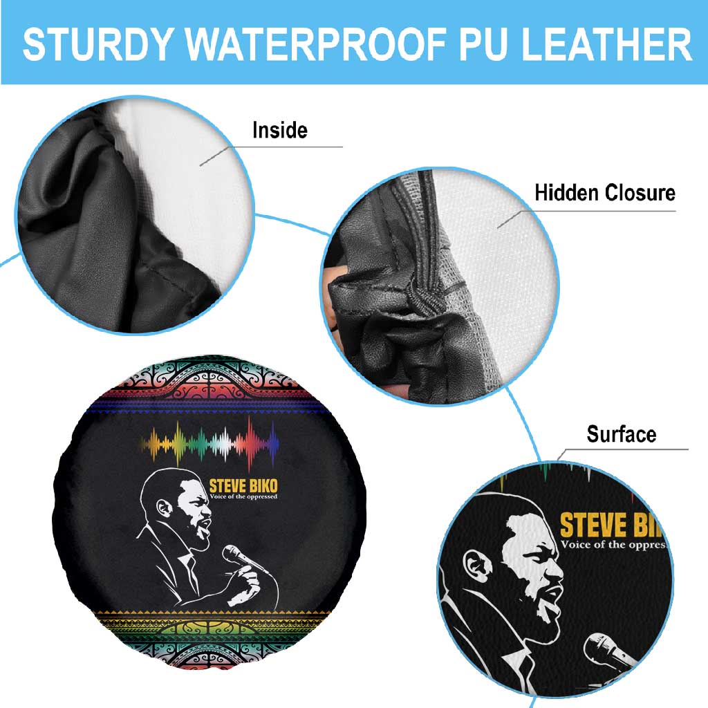Steve Biko Spare Tire Cover with Microphone Portrait, Black Consciousness Quote and Vibrant Ethnic Wave - Wonder Print Shop
