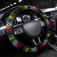 Steve Biko Steering Wheel Cover with Microphone Portrait, Black Consciousness Quote and Vibrant Ethnic Wave - Wonder Print Shop