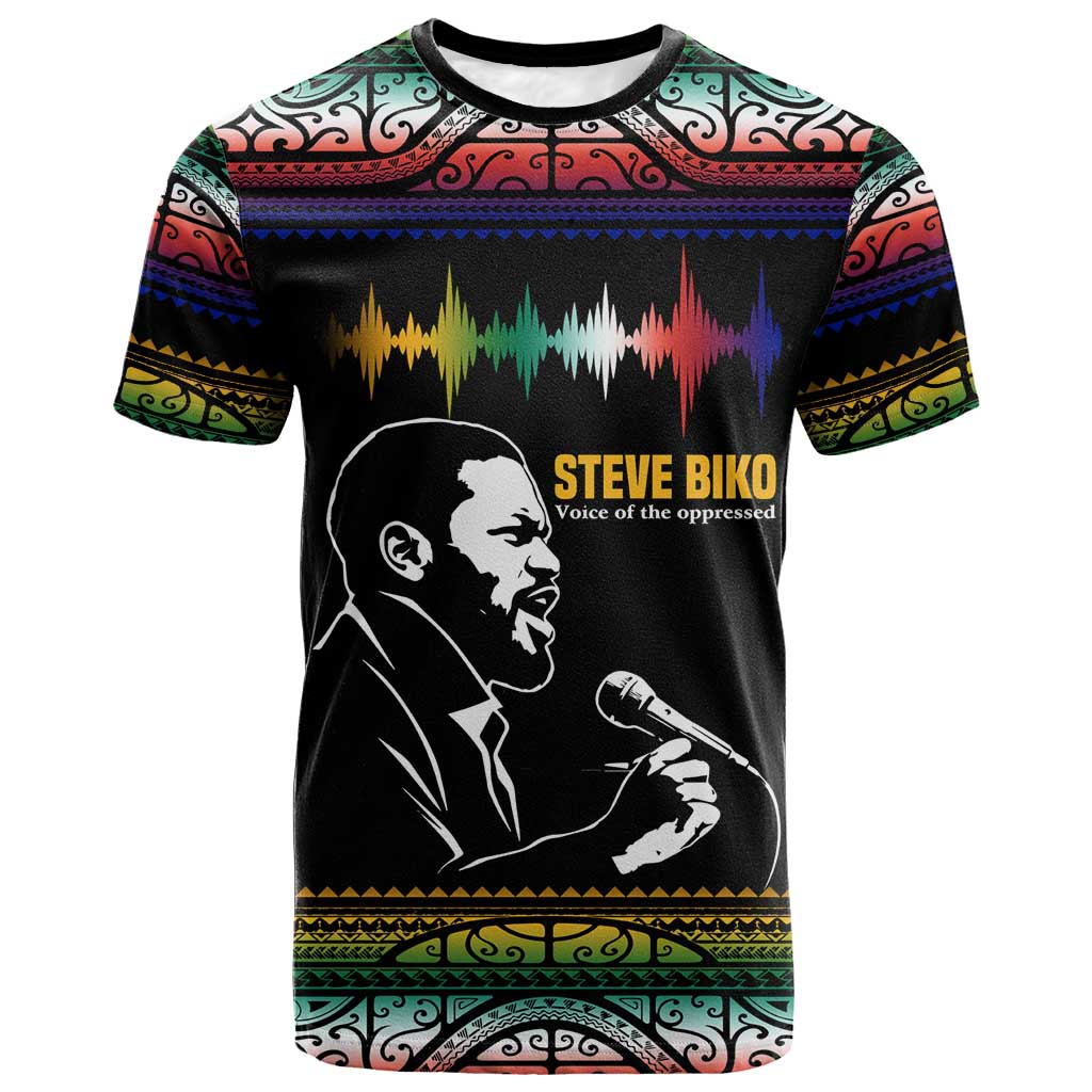 Steve Biko T shirt with Microphone Portrait, Black Consciousness Quote and Vibrant Ethnic Wave - Wonder Print Shop