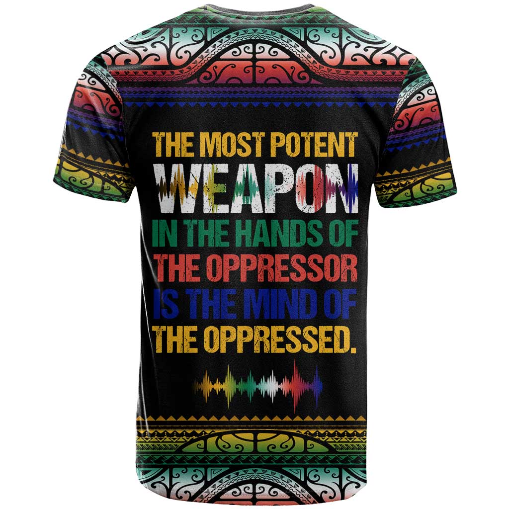 Steve Biko T shirt with Microphone Portrait, Black Consciousness Quote and Vibrant Ethnic Wave - Wonder Print Shop