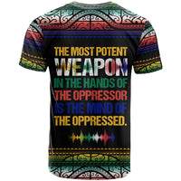 Steve Biko T shirt with Microphone Portrait, Black Consciousness Quote and Vibrant Ethnic Wave - Wonder Print Shop