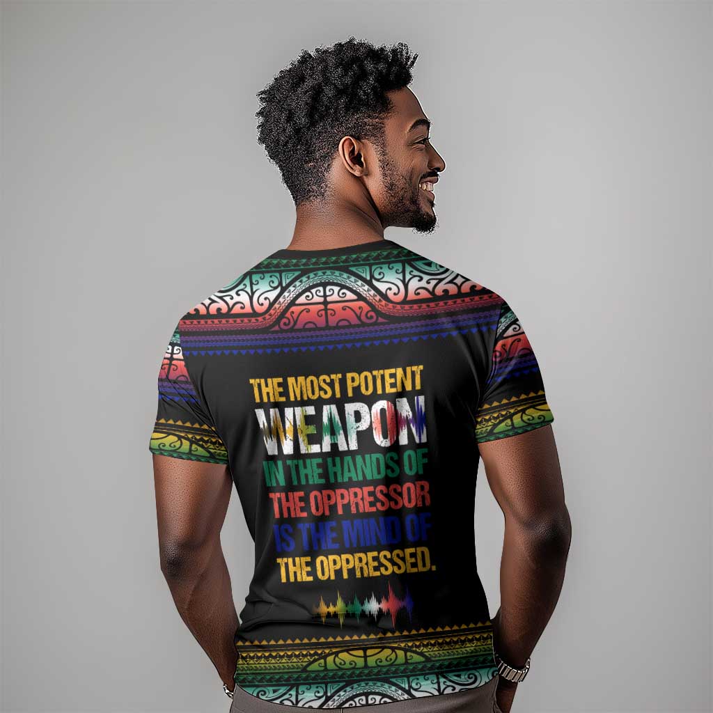 Steve Biko T shirt with Microphone Portrait, Black Consciousness Quote and Vibrant Ethnic Wave - Wonder Print Shop