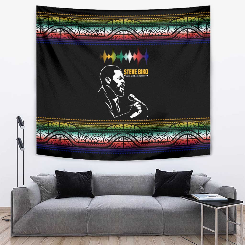Steve Biko Tapestry with Microphone Portrait, Black Consciousness Quote and Vibrant Ethnic Wave - Wonder Print Shop