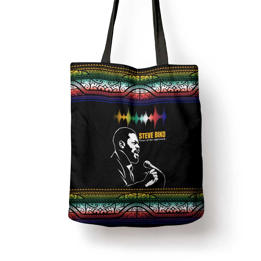 Steve Biko Tote Bag with Microphone Portrait, Black Consciousness Quote and Vibrant Ethnic Wave - Wonder Print Shop