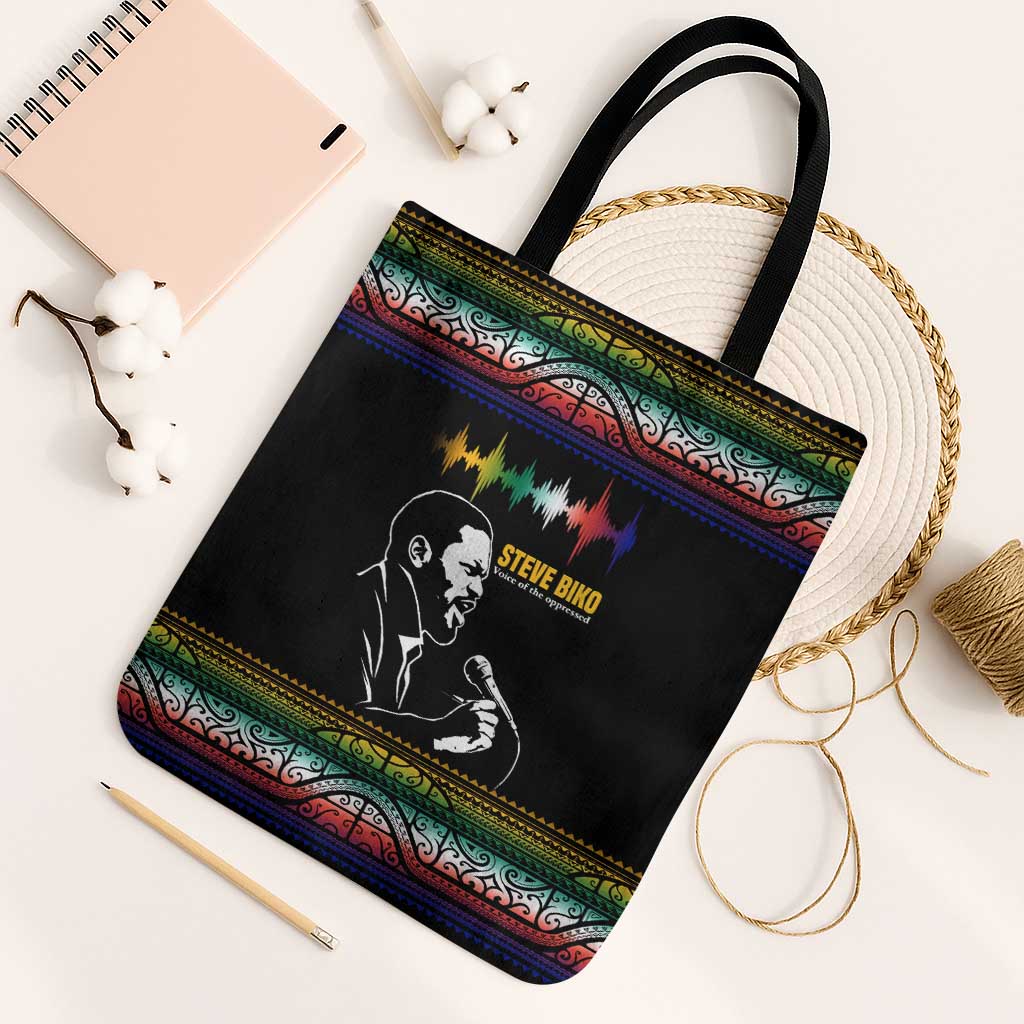 Steve Biko Tote Bag with Microphone Portrait, Black Consciousness Quote and Vibrant Ethnic Wave - Wonder Print Shop