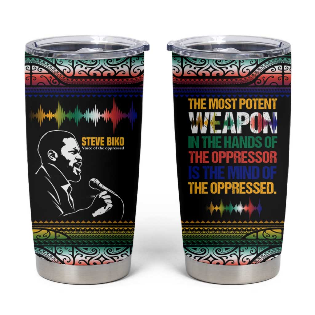 Steve Biko Tumbler Cup with Microphone Portrait, Black Consciousness Quote and Vibrant Ethnic Wave - Wonder Print Shop