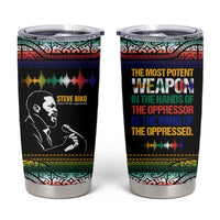 Steve Biko Tumbler Cup with Microphone Portrait, Black Consciousness Quote and Vibrant Ethnic Wave - Wonder Print Shop