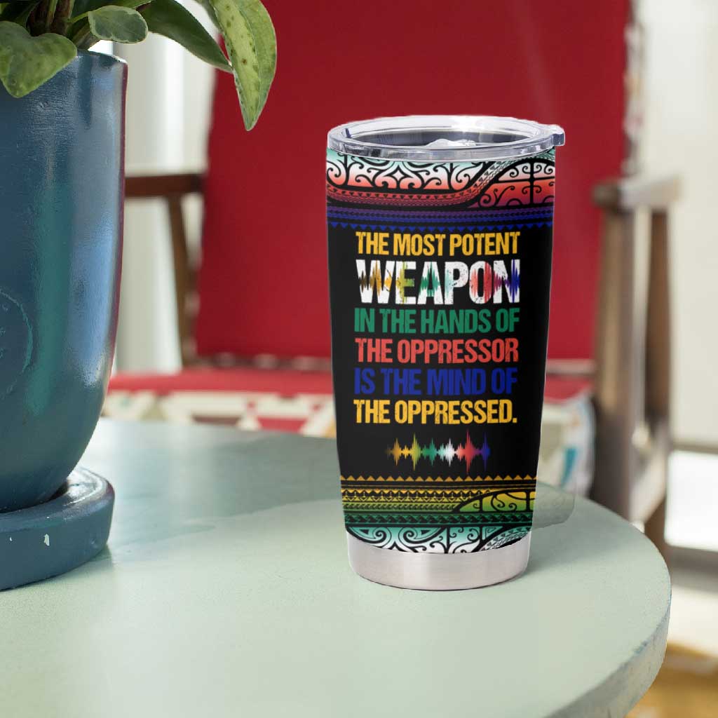 Steve Biko Tumbler Cup with Microphone Portrait, Black Consciousness Quote and Vibrant Ethnic Wave - Wonder Print Shop