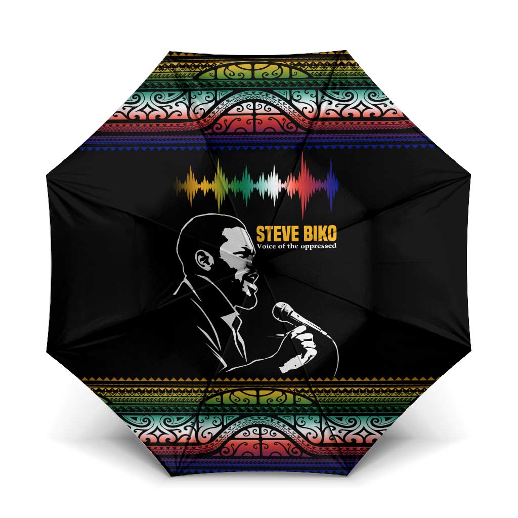 Steve Biko Umbrella with Microphone Portrait, Black Consciousness Quote and Vibrant Ethnic Wave - Wonder Print Shop