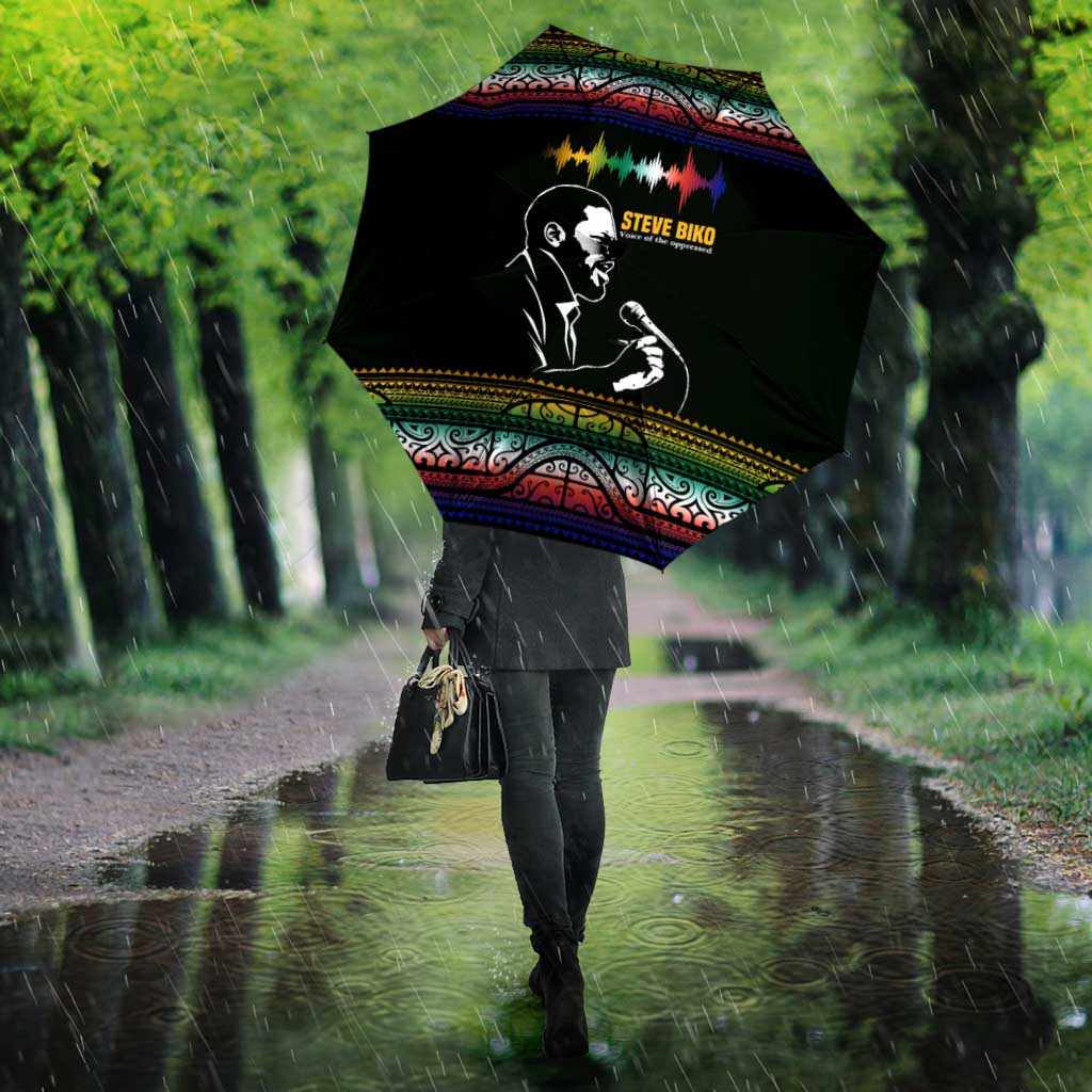 Steve Biko Umbrella with Microphone Portrait, Black Consciousness Quote and Vibrant Ethnic Wave - Wonder Print Shop