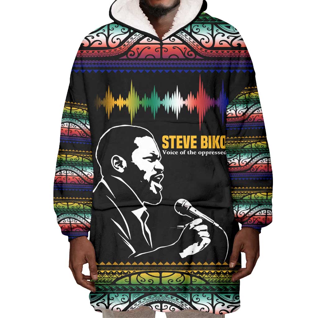 Steve Biko Wearable Blanket Hoodie with Microphone Portrait, Black Consciousness Quote and Vibrant Ethnic Wave - Wonder Print Shop