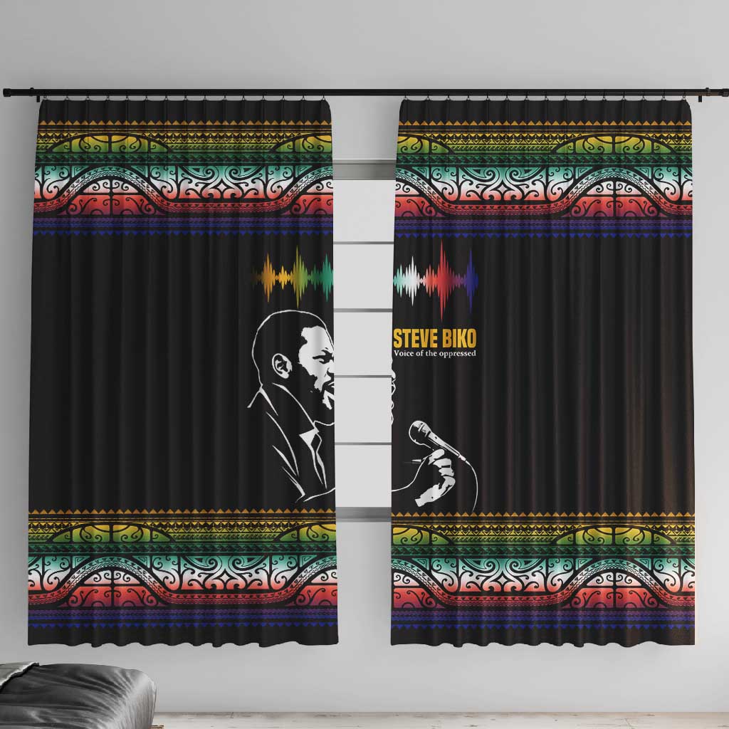 Steve Biko Window Curtain with Microphone Portrait, Black Consciousness Quote and Vibrant Ethnic Wave - Wonder Print Shop