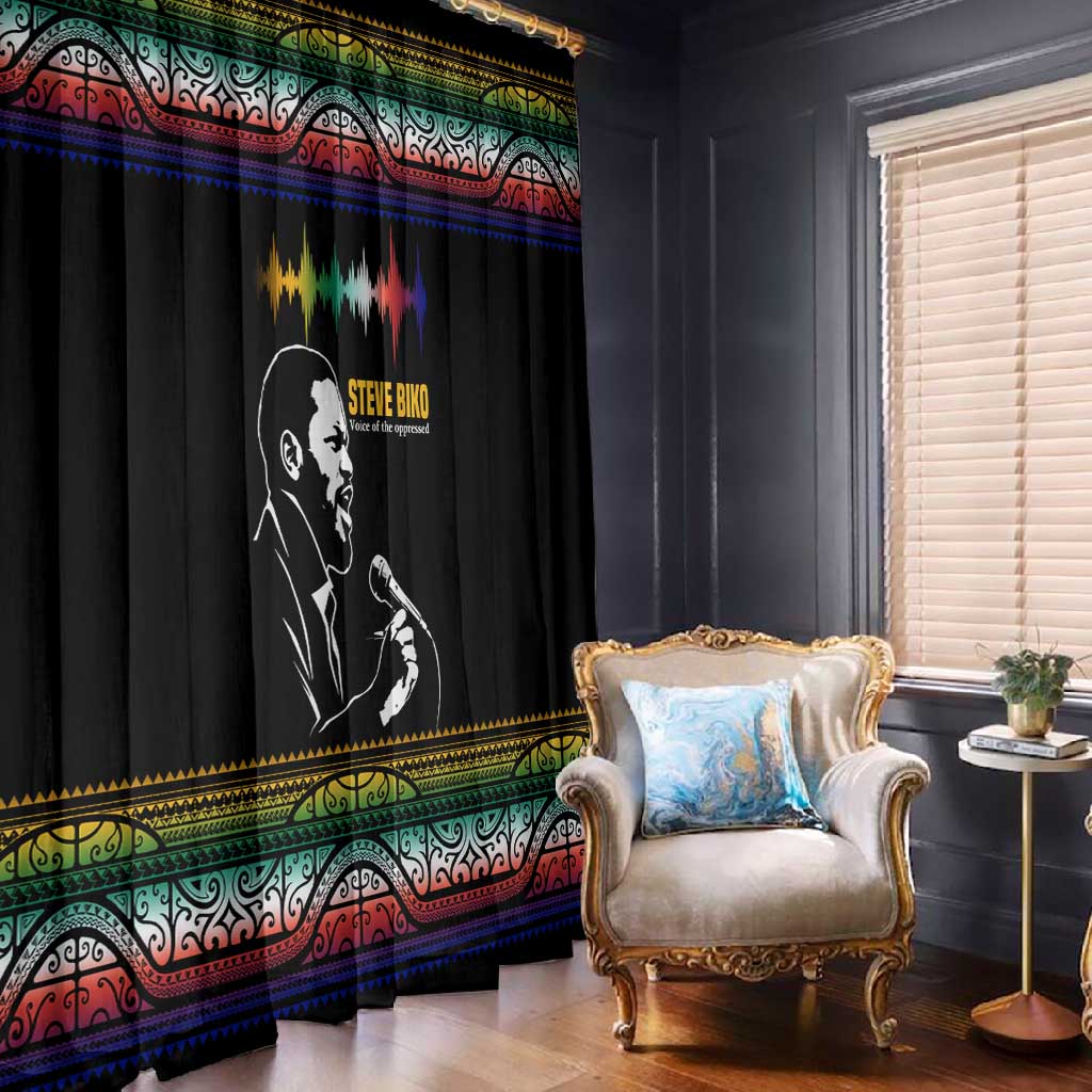 Steve Biko Window Curtain with Microphone Portrait, Black Consciousness Quote and Vibrant Ethnic Wave - Wonder Print Shop