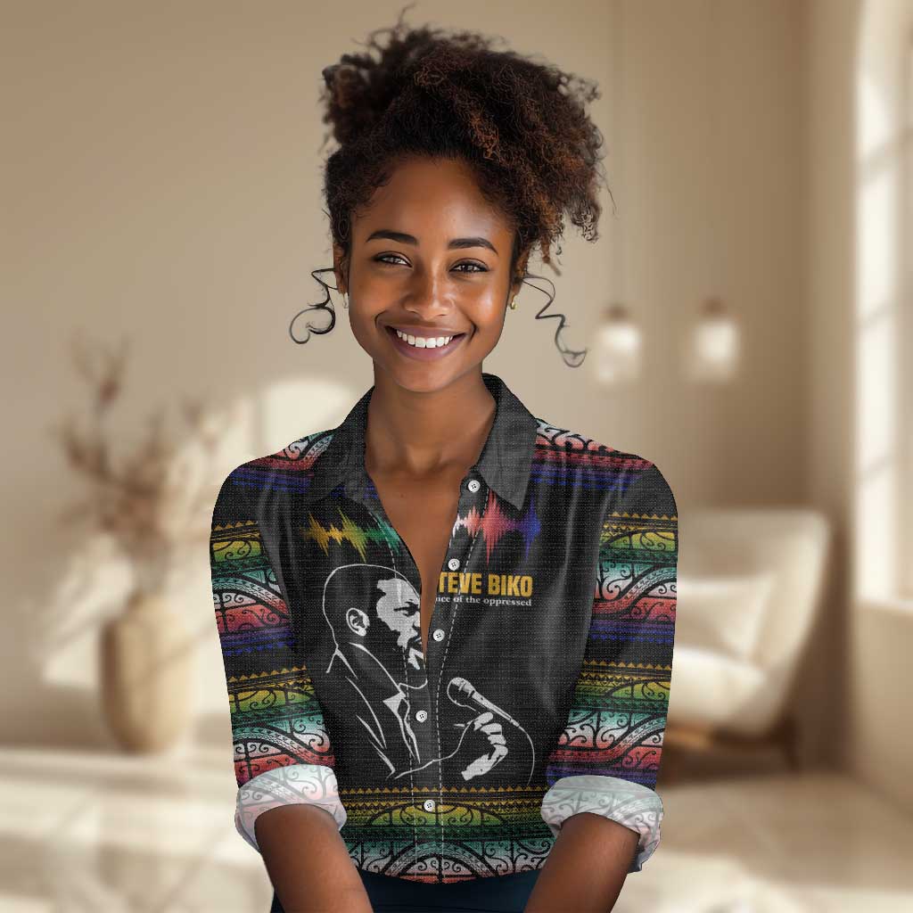 Steve Biko Women Casual Shirt with Microphone Portrait, Black Consciousness Quote and Vibrant Ethnic Wave - Wonder Print Shop