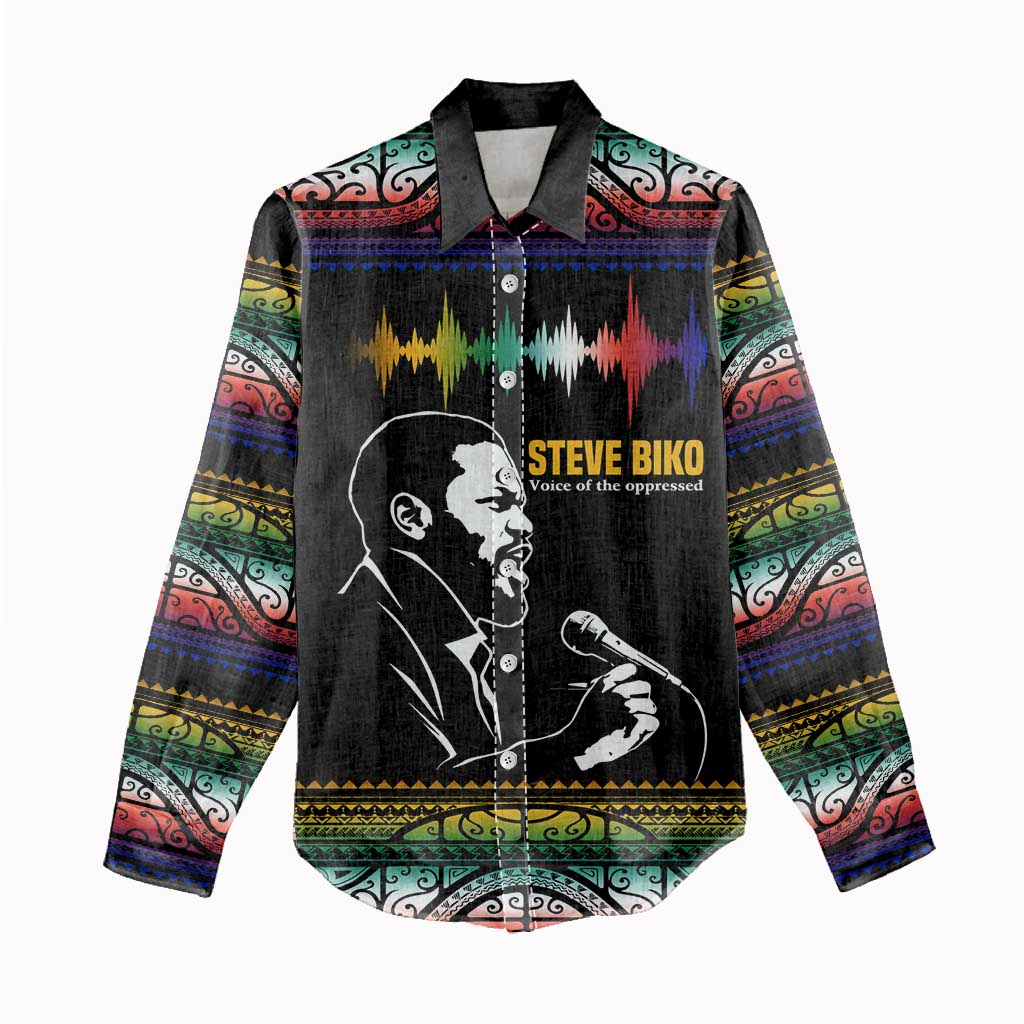 Steve Biko Women Casual Shirt with Microphone Portrait, Black Consciousness Quote and Vibrant Ethnic Wave - Wonder Print Shop