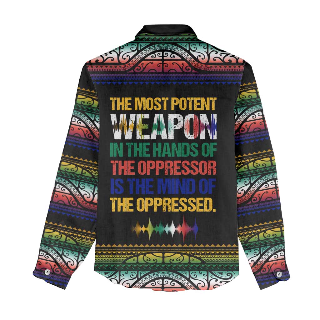 Steve Biko Women Casual Shirt with Microphone Portrait, Black Consciousness Quote and Vibrant Ethnic Wave - Wonder Print Shop