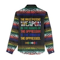 Steve Biko Women Casual Shirt with Microphone Portrait, Black Consciousness Quote and Vibrant Ethnic Wave - Wonder Print Shop