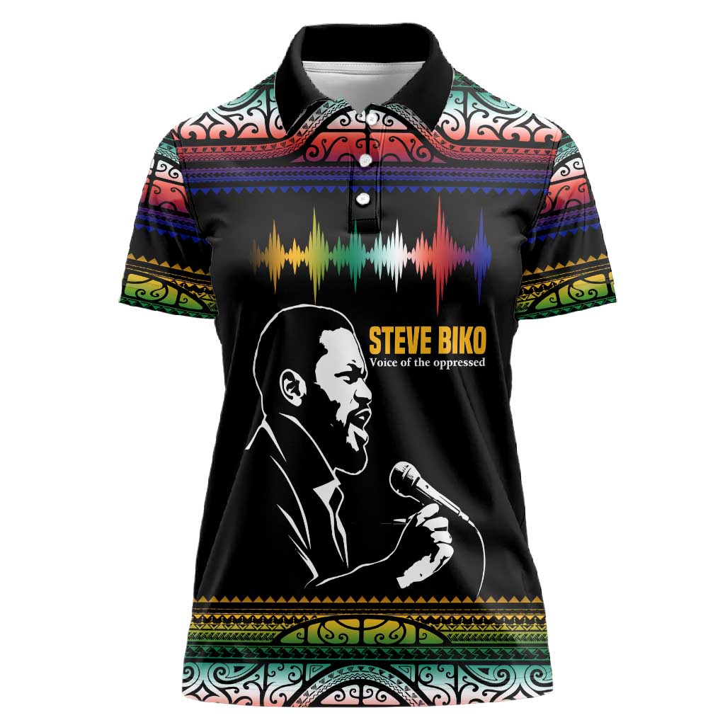 Steve Biko Women Polo Shirt with Microphone Portrait, Black Consciousness Quote and Vibrant Ethnic Wave - Wonder Print Shop