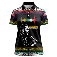 Steve Biko Women Polo Shirt with Microphone Portrait, Black Consciousness Quote and Vibrant Ethnic Wave - Wonder Print Shop