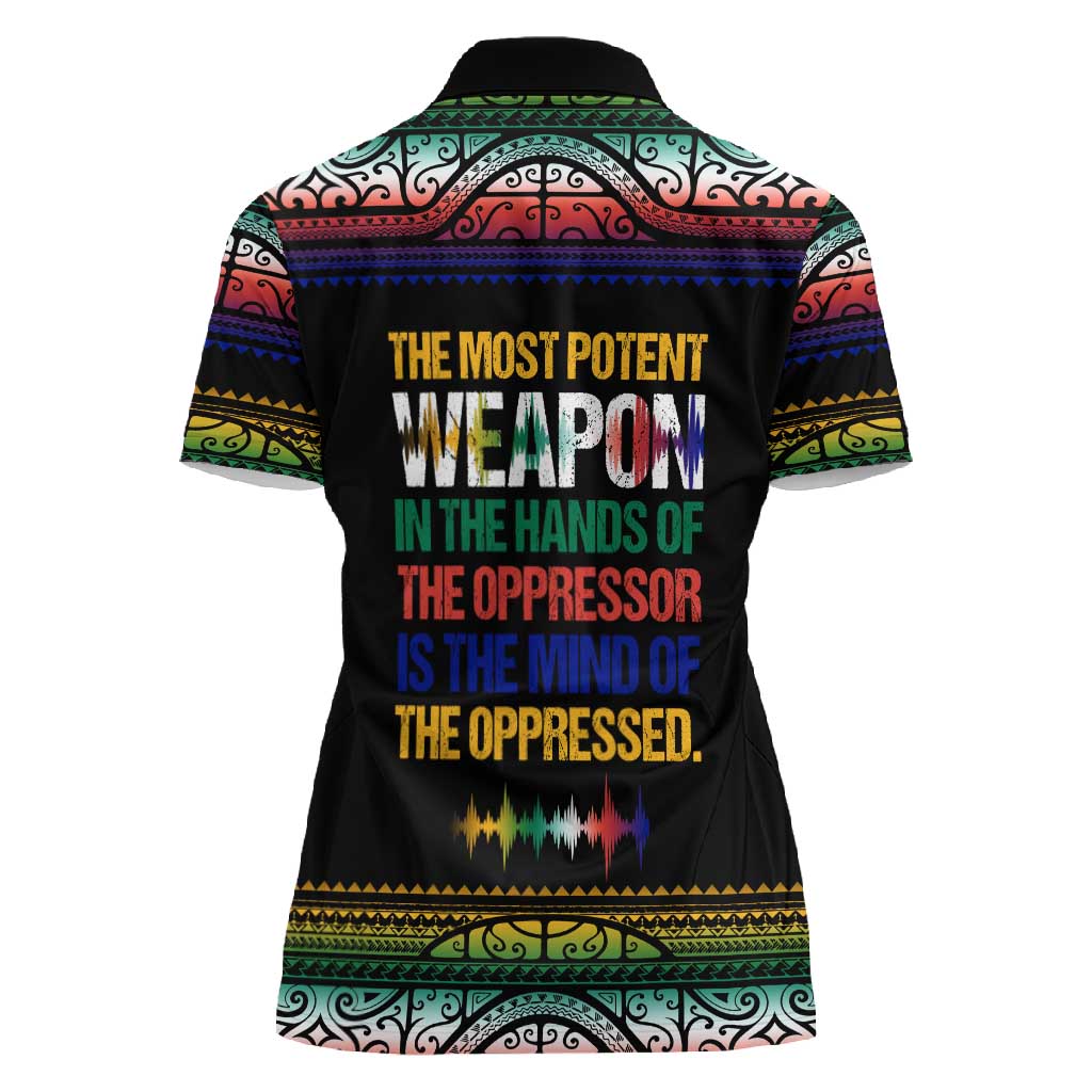 Steve Biko Women Polo Shirt with Microphone Portrait, Black Consciousness Quote and Vibrant Ethnic Wave - Wonder Print Shop