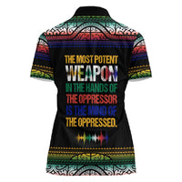 Steve Biko Women Polo Shirt with Microphone Portrait, Black Consciousness Quote and Vibrant Ethnic Wave - Wonder Print Shop