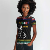 Steve Biko Women Polo Shirt with Microphone Portrait, Black Consciousness Quote and Vibrant Ethnic Wave - Wonder Print Shop