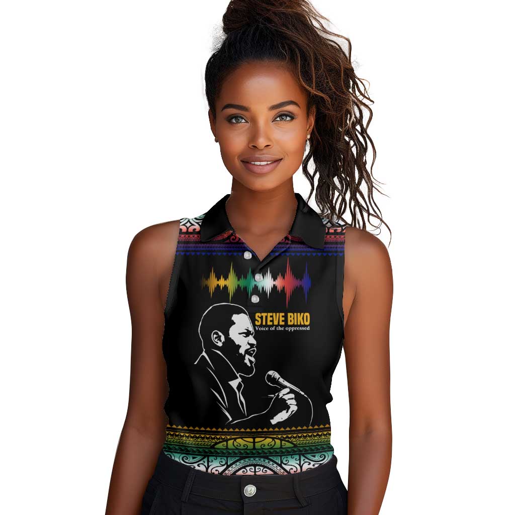 Steve Biko Women Sleeveless Polo Shirt with Microphone Portrait, Black Consciousness Quote and Vibrant Ethnic Wave - Wonder Print Shop