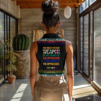 Steve Biko Women Sleeveless Polo Shirt with Microphone Portrait, Black Consciousness Quote and Vibrant Ethnic Wave - Wonder Print Shop