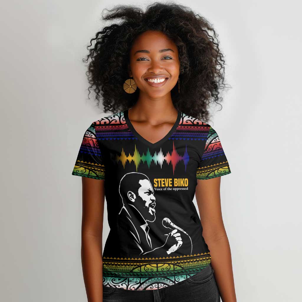 Steve Biko Women V-Neck T-Shirt with Microphone Portrait, Black Consciousness Quote and Vibrant Ethnic Wave - Wonder Print Shop
