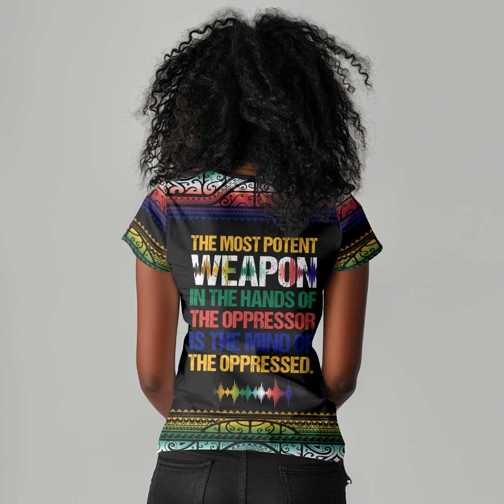 Steve Biko Women V-Neck T-Shirt with Microphone Portrait, Black Consciousness Quote and Vibrant Ethnic Wave - Wonder Print Shop