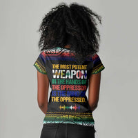 Steve Biko Women V-Neck T-Shirt with Microphone Portrait, Black Consciousness Quote and Vibrant Ethnic Wave - Wonder Print Shop