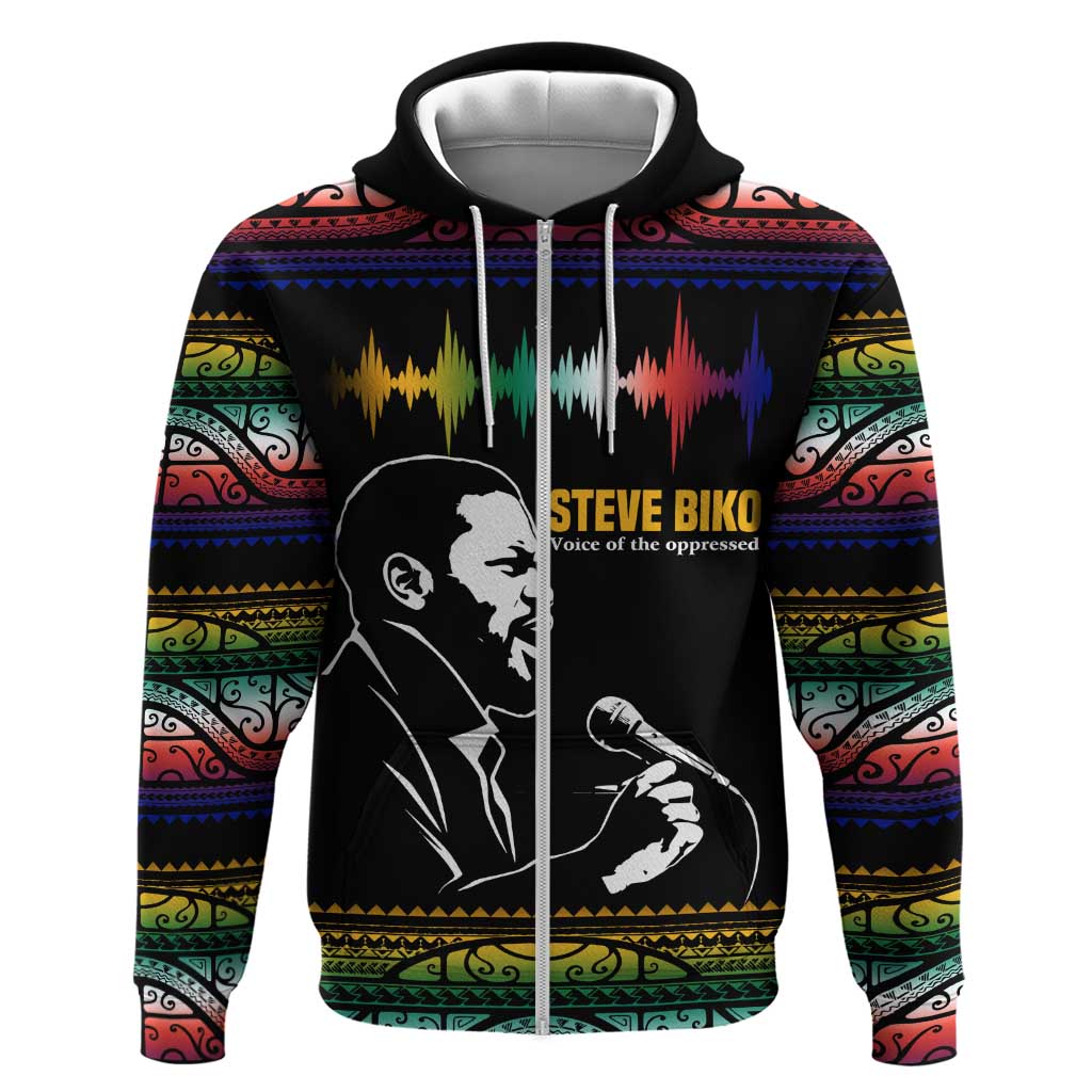 Steve Biko Zip Hoodie with Microphone Portrait, Black Consciousness Quote and Vibrant Ethnic Wave - Wonder Print Shop