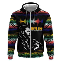 Steve Biko Zip Hoodie with Microphone Portrait, Black Consciousness Quote and Vibrant Ethnic Wave - Wonder Print Shop