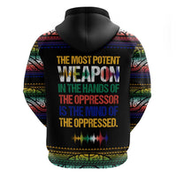 Steve Biko Zip Hoodie with Microphone Portrait, Black Consciousness Quote and Vibrant Ethnic Wave - Wonder Print Shop