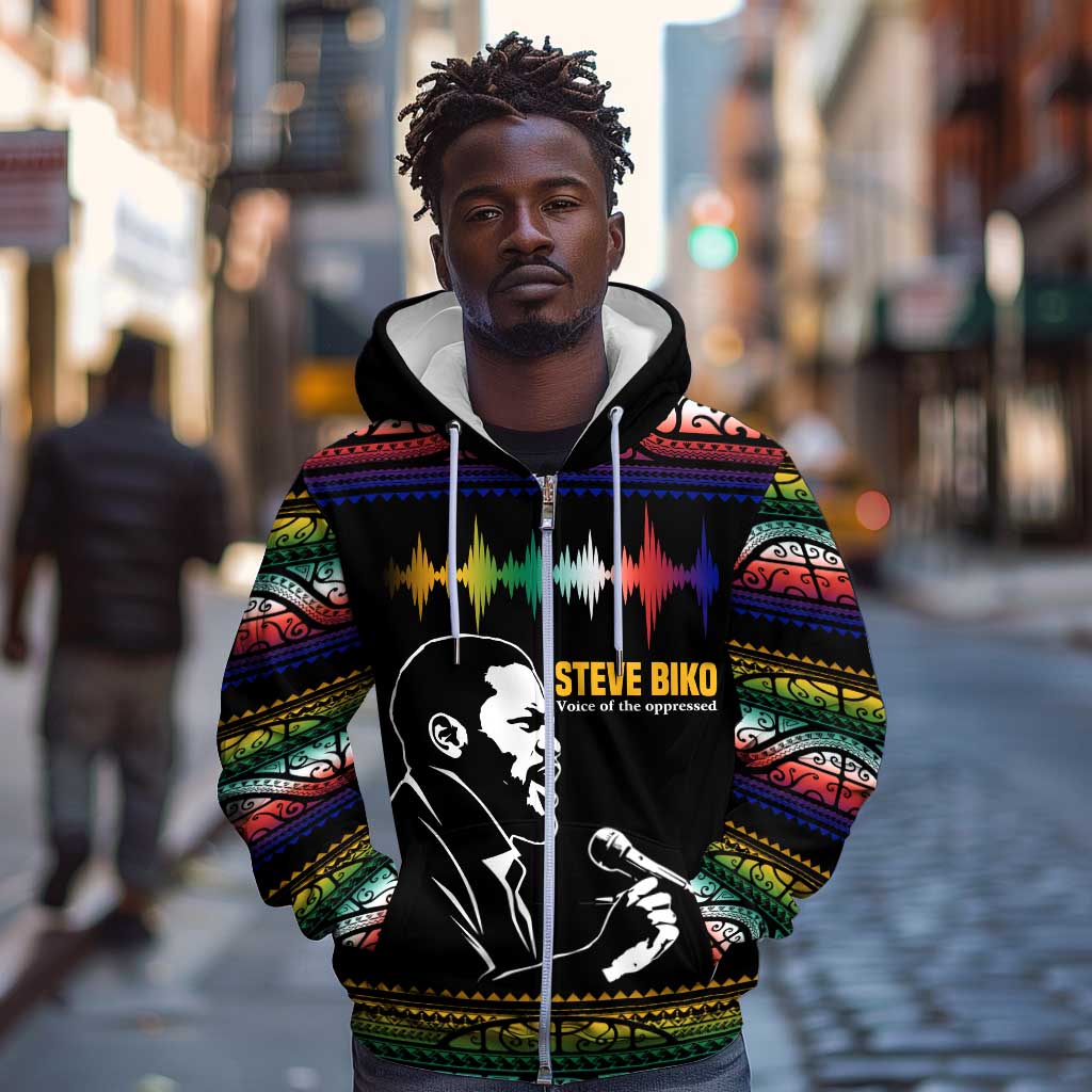 Steve Biko Zip Hoodie with Microphone Portrait, Black Consciousness Quote and Vibrant Ethnic Wave - Wonder Print Shop