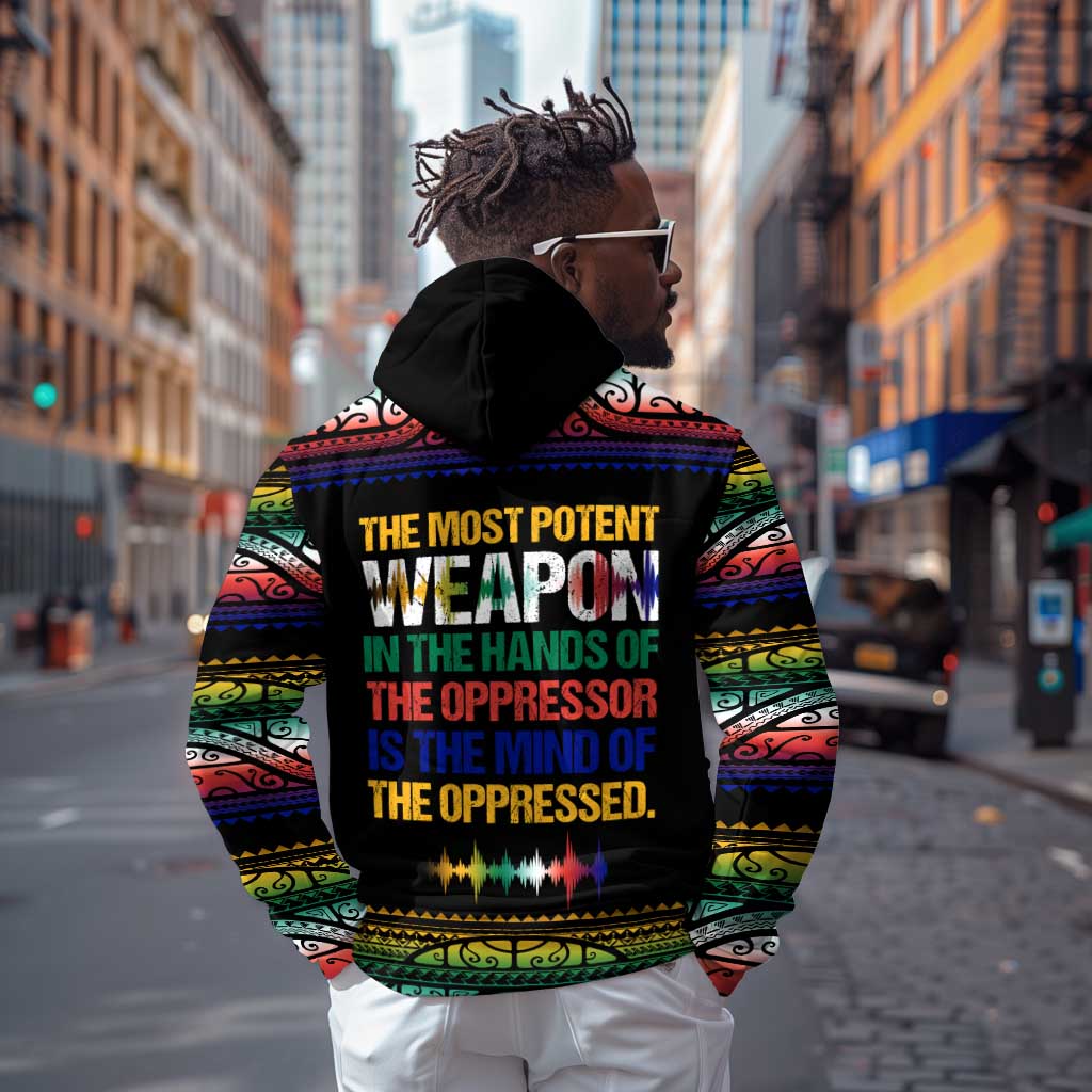 Steve Biko Zip Hoodie with Microphone Portrait, Black Consciousness Quote and Vibrant Ethnic Wave - Wonder Print Shop