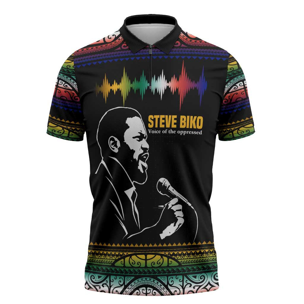 Steve Biko Zipper Polo Shirt with Microphone Portrait, Black Consciousness Quote and Vibrant Ethnic Wave - Wonder Print Shop