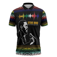 Steve Biko Zipper Polo Shirt with Microphone Portrait, Black Consciousness Quote and Vibrant Ethnic Wave - Wonder Print Shop