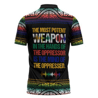 Steve Biko Zipper Polo Shirt with Microphone Portrait, Black Consciousness Quote and Vibrant Ethnic Wave - Wonder Print Shop