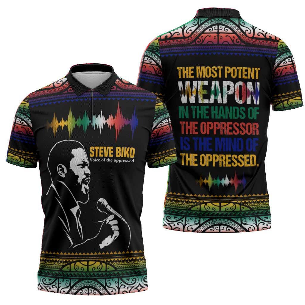 Steve Biko Zipper Polo Shirt with Microphone Portrait, Black Consciousness Quote and Vibrant Ethnic Wave - Wonder Print Shop
