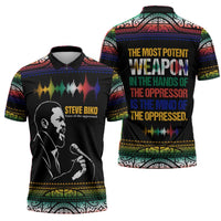 Steve Biko Zipper Polo Shirt with Microphone Portrait, Black Consciousness Quote and Vibrant Ethnic Wave - Wonder Print Shop