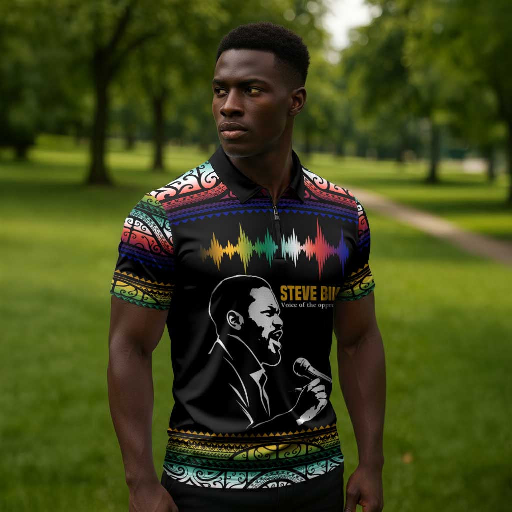 Steve Biko Zipper Polo Shirt with Microphone Portrait, Black Consciousness Quote and Vibrant Ethnic Wave - Wonder Print Shop