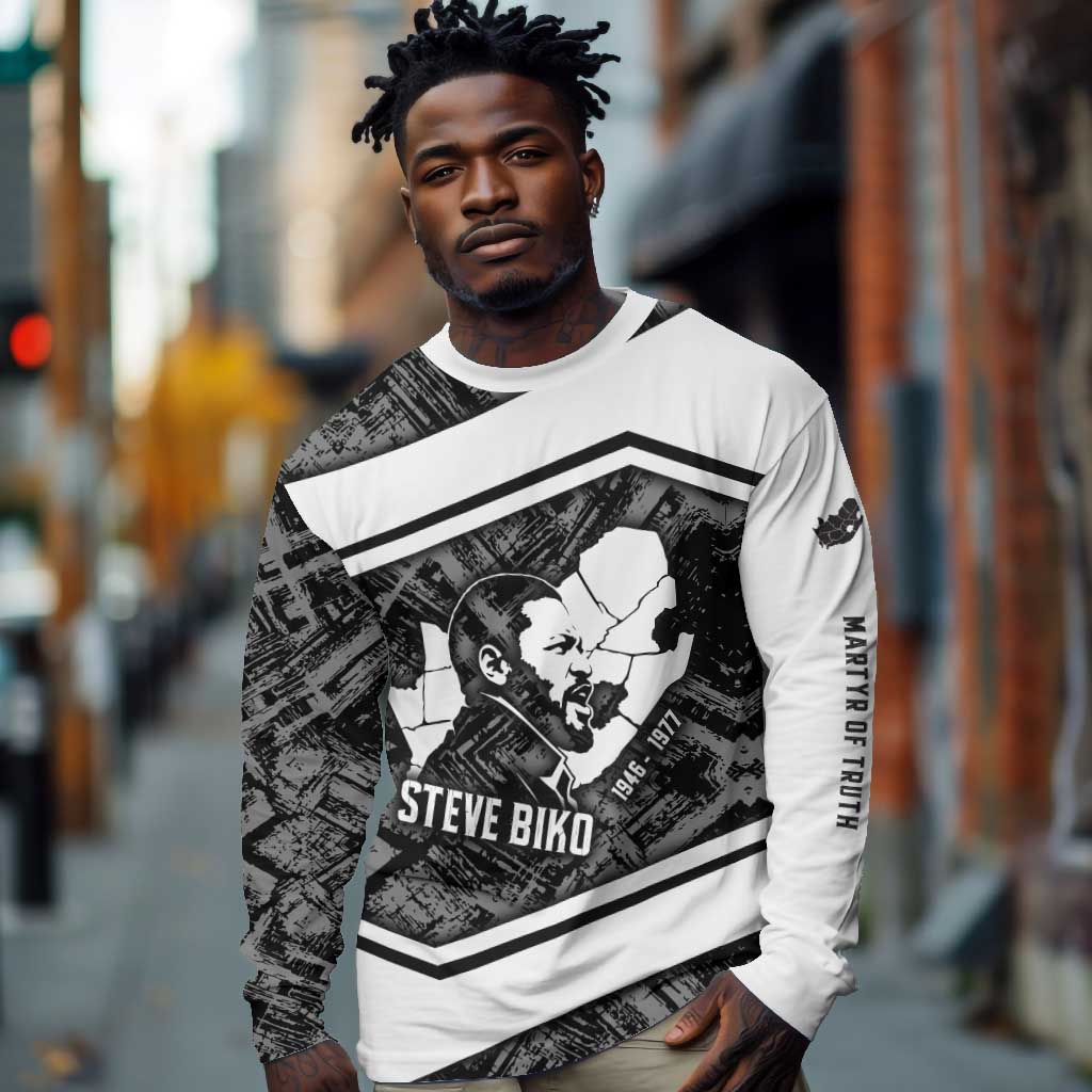 Steve Biko Long Sleeve Shirt with Monochrome Portrait, Ideas Do Not Die Quote - Wonder Print Shop