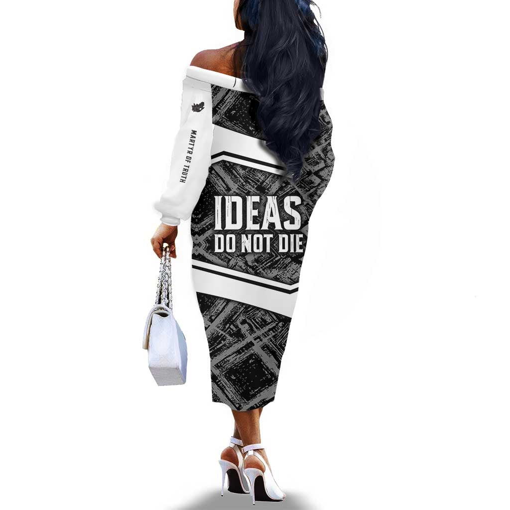 Steve Biko Off The Shoulder Long Sleeve Dress with Monochrome Portrait, Ideas Do Not Die Quote - Wonder Print Shop
