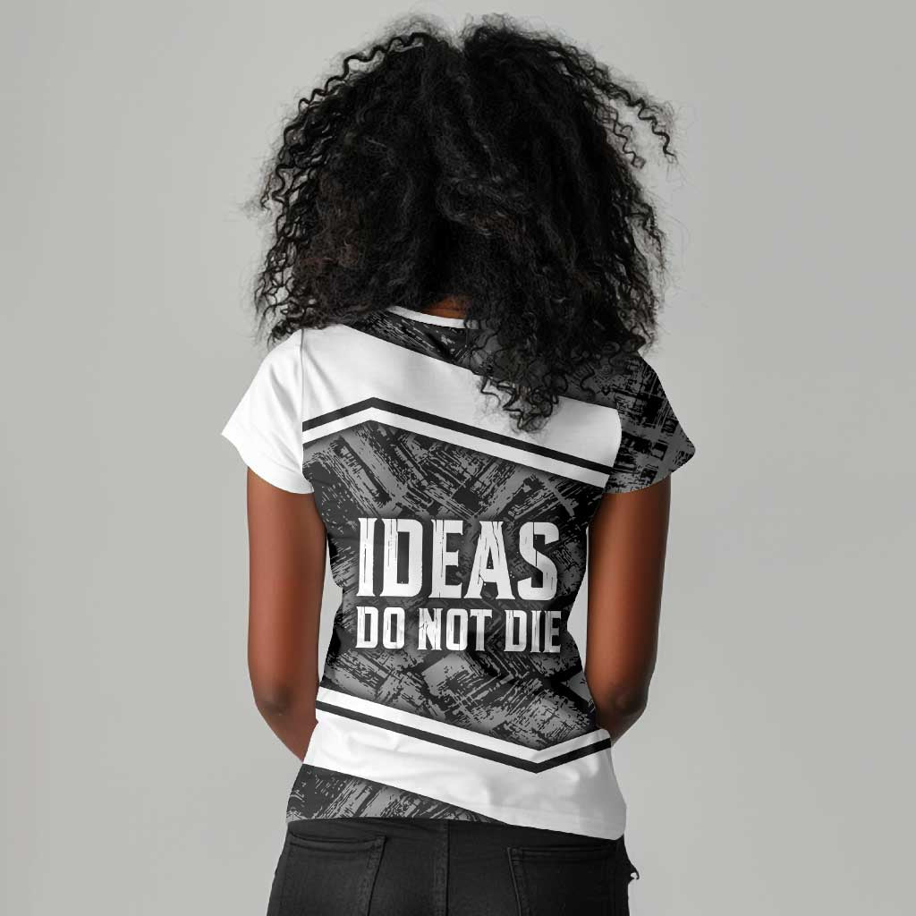 Steve Biko Women V-Neck T-Shirt with Monochrome Portrait, Ideas Do Not Die Quote - Wonder Print Shop